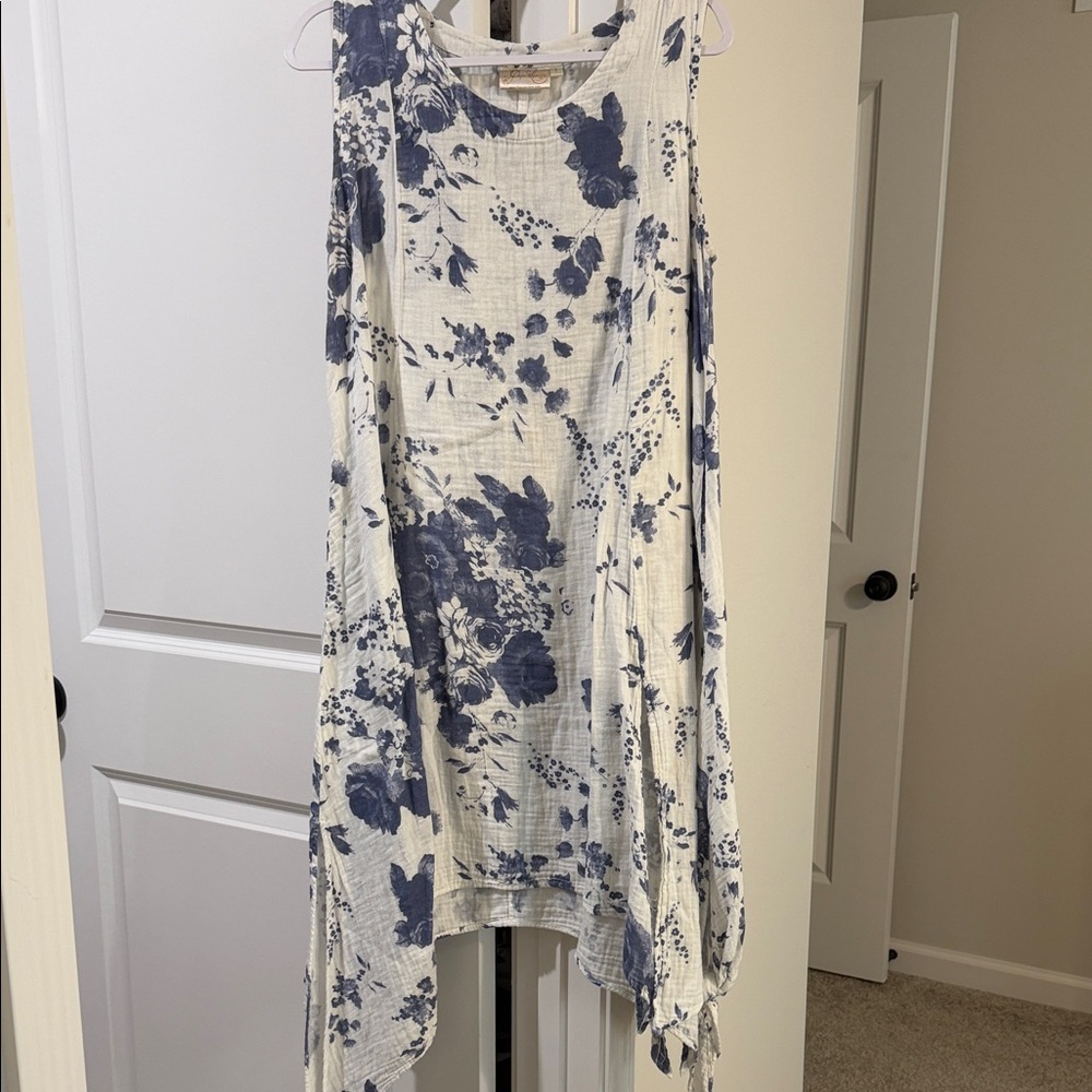 Floral Sleeveless Dress - Blue and White